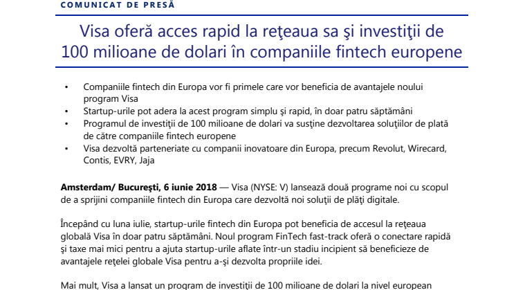 Visa oferă acces rapid la reţeaua sa şi investiţii de 100 milioane de dolari în companiile fintech europene