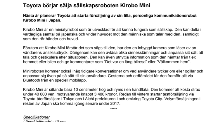 Toyota börjar sälja sällskapsroboten Kirobo Mini