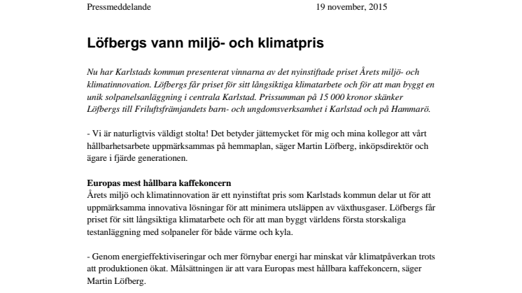 Löfbergs vann miljö- och klimatpris 