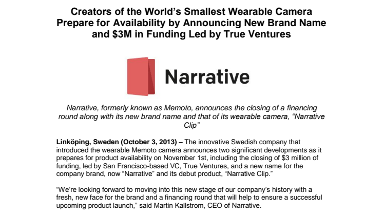 Memoto byter namn till Narrative och tar in ny finansiering på 3 miljoner USD