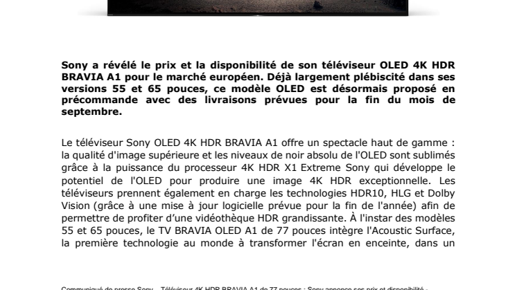 Téléviseur OLED 4K HDR BRAVIA A1 de 77 pouces : Sony annonce ses prix et disponibilités