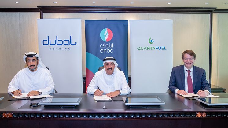 Left to right: Ahmad Bin Fahad, CEO of Dubal Holding, His Excellency Saif Humaid Al Falasi, Group CEO, ENOC and Chris Lach, CCO of Quantafuel