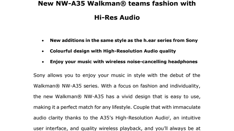 Uusi NW-A35 Walkman® yhdistää tyylin ja korkean resoluution äänentoiston