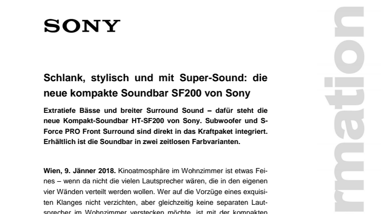 Schlank, stylisch und mit Super-Sound: die neue kompakte Soundbar SF200 von Sony