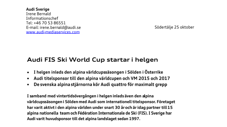 Audi FIS Ski World Cup startar i helgen