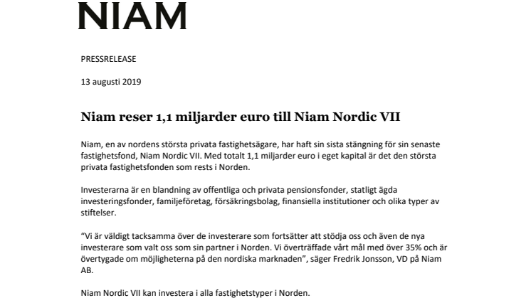 Niam reser 1,1 miljarder euro till Niam Nordic VII 