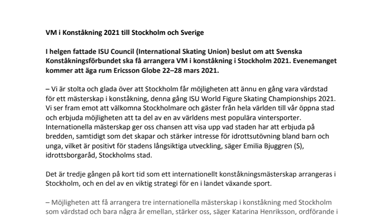 VM i Konståkning 2021 till Stockholm och Sverige