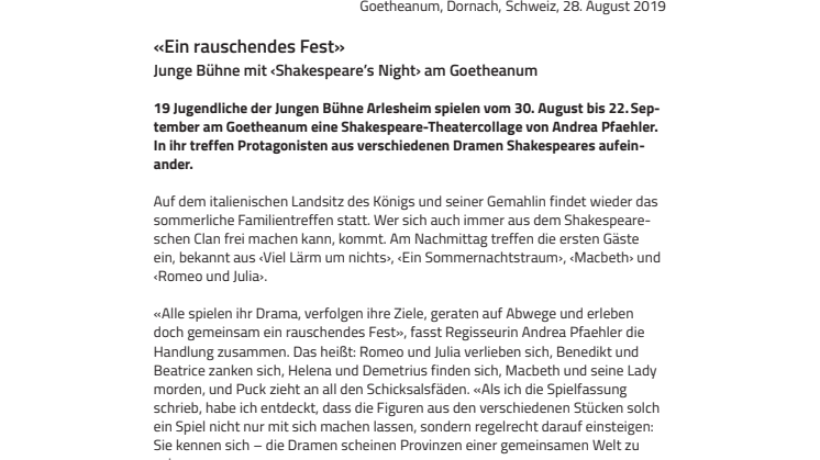 «Ein rauschendes Fest». ​Junge Bühne mit ‹Shakespeare’s Night› am Goetheanum