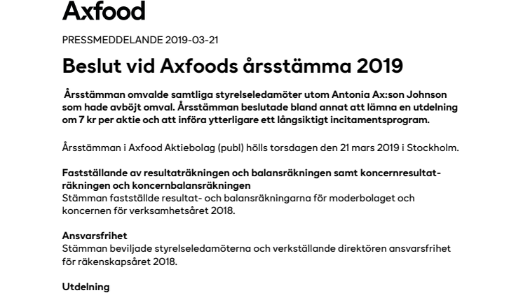 Beslut vid Axfoods årsstämma 2019