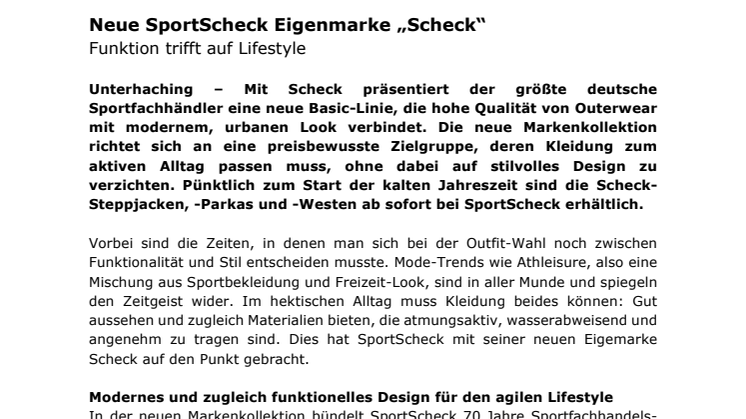 Neue SportScheck Eigenmarke „Scheck“: Funktion trifft auf Lifestyle