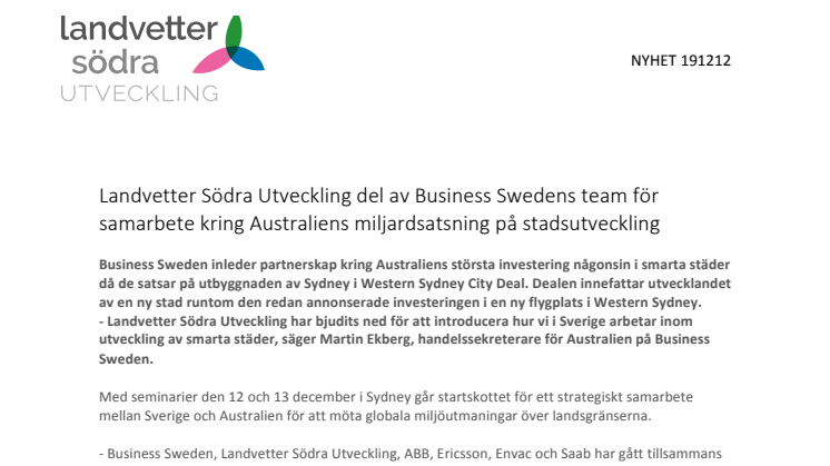 Landvetter Södra Utveckling del av Business Swedens team för samarbete kring Australiens miljardsatsning på stadsutveckling