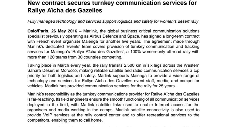 Marlink: New Contract Secures Turnkey Communication Services for Rallye Aïcha des Gazelles