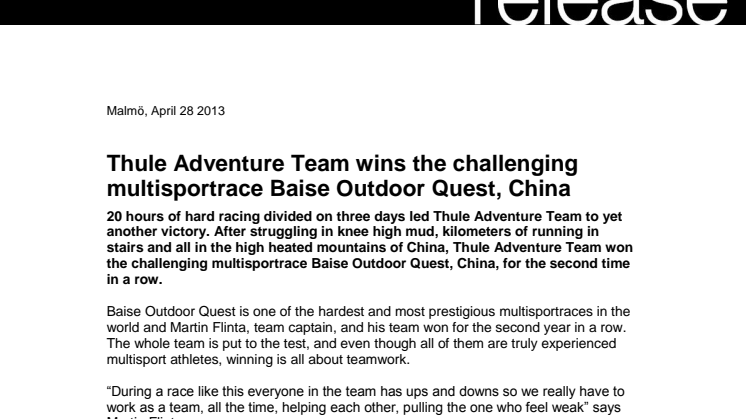 Thule Adventure Team wins the challenging multisportrace Baise Outdoor Quest, China