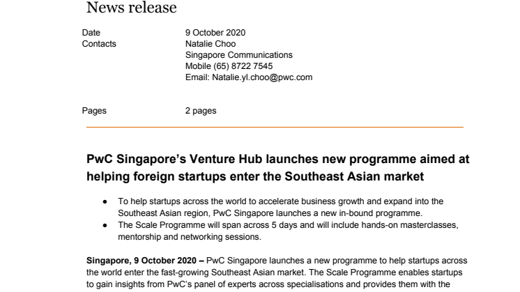 PwC Singapore’s Venture Hub launches new programme aimed at helping foreign startups enter the Southeast Asian market