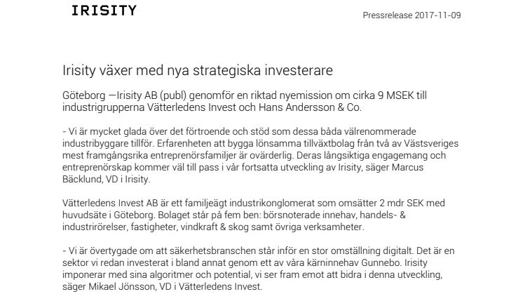 Irisity växer med nya strategiska investerare