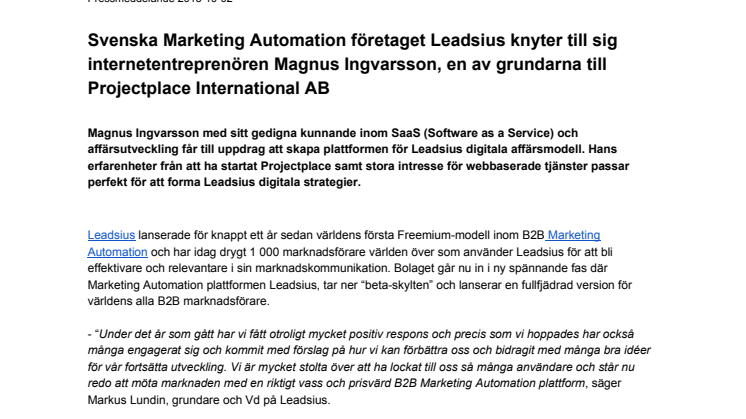 Svenska Marketing Automation företaget Leadsius knyter till sig internetentreprenören Magnus Ingvarsson