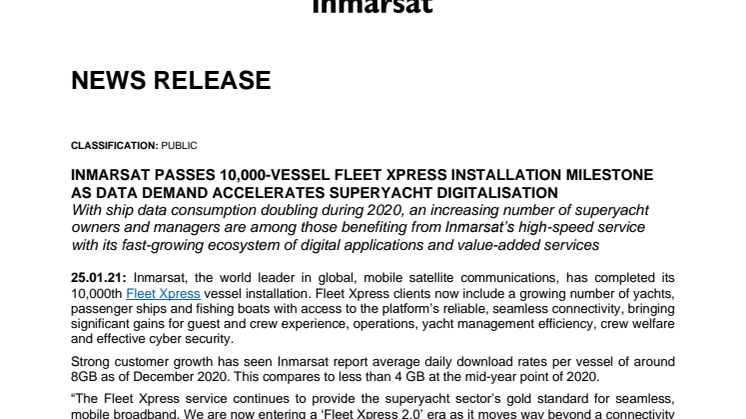 Inmarsat Passes 10,000-Vessel Fleet Xpress Installation Milestone