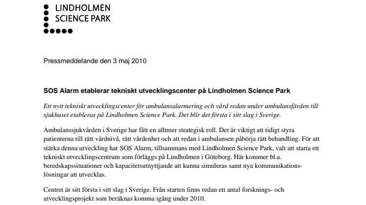 SOS Alarm etablerar tekniskt utvecklingscenter på Lindholmen Science Park