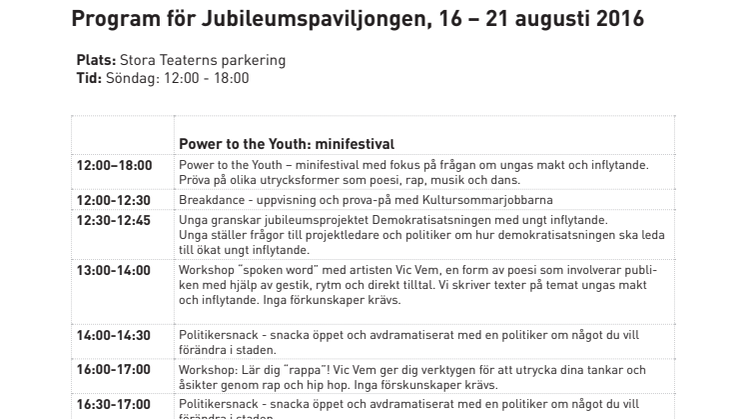Program för Power to the Youth, 21 augusti i Jubileumspaviljongen