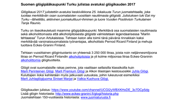 ​Suomen glögipääkaupunki Turku julistaa avatuksi glögikauden 2017