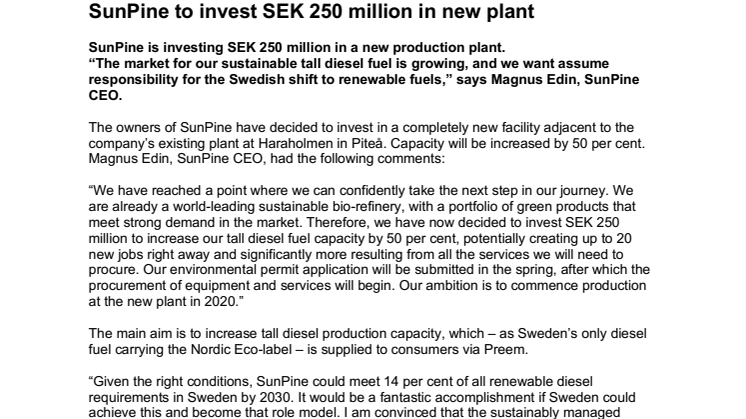 English press release - SunPine to invest SEK 250 million in new plant