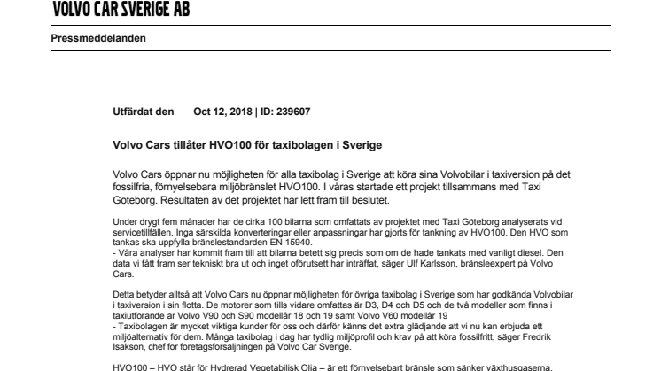 Volvo Cars tillåter HVO100 för taxibolagen i Sverige