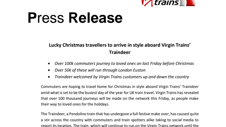 Lucky Christmas travellers to arrive in style aboard Virgin Trains’ Traindeer