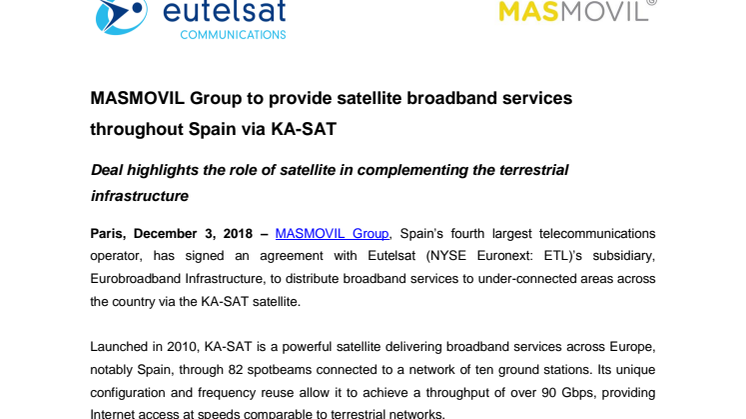 MASMOVIL Group to provide satellite broadband services throughout Spain via KA-SAT 