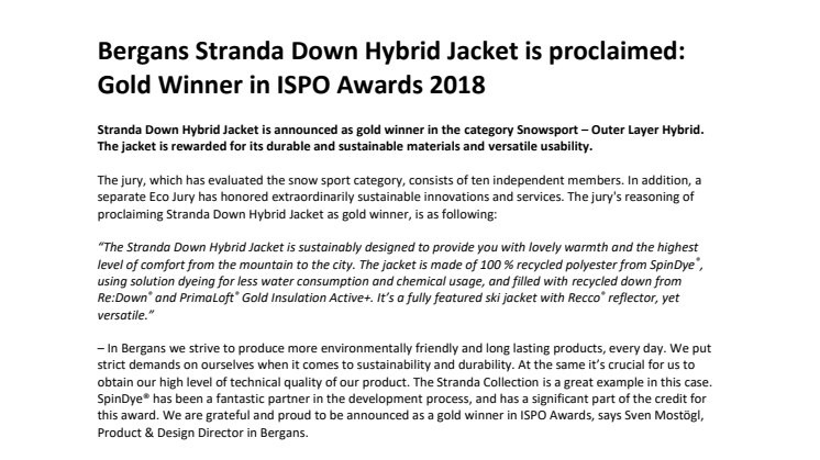 Bergans Stranda Down Hybrid Jacket is proclaimed: Gold Winner in ISPO Awards 2018
