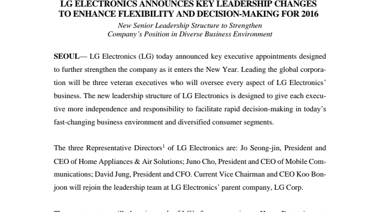 LG ELECTRONICS ANNOUNCES KEY LEADERSHIP CHANGES TO ENHANCE FLEXIBILITY AND DECISION-MAKING FOR 2016