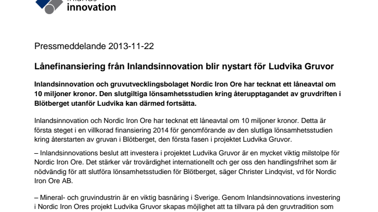 Lånefinansiering från Inlandsinnovation blir nystart för Ludvika Gruvor