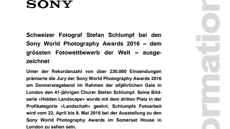 ​Schweizer Fotograf Stefan Schlumpf bei den Sony World Photography Awards 2016 – dem grössten Fotowettbewerb der Welt – ausgezeichnet