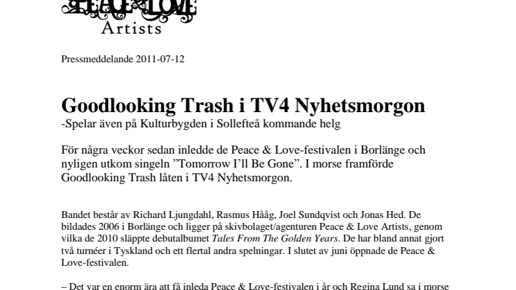 Goodlooking Trash i TV4 Nyhetsmorgon - spelar även på Kulturbygden i Sollefteå kommande helg