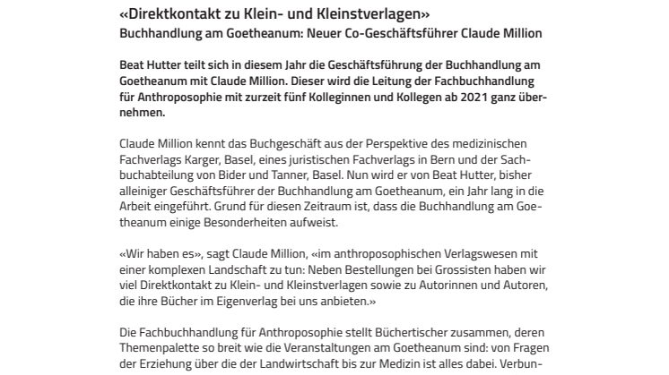 «Direktkontakt zu Klein- und Kleinstverlagen». Buchhandlung am Goetheanum: Neuer Co-Geschäftsführer Claude Million