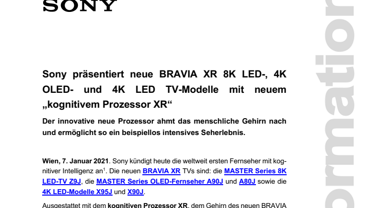 Sony präsentiert neue BRAVIA XR 8K LED-, 4K OLED- und 4K LED TV-Modelle mit neuem  „kognitivem Prozessor XR“