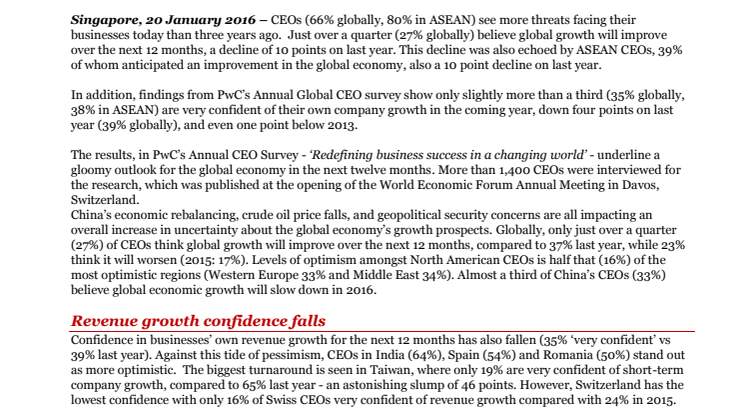 Geopolitical threats rise as CEO’s global growth confidence falls