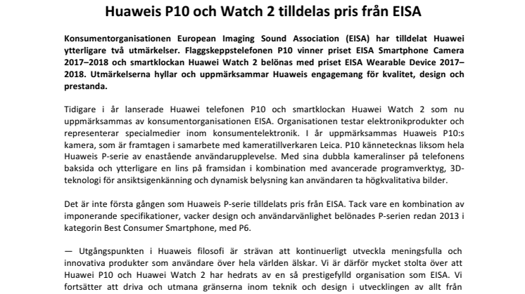  Huaweis P10 och Watch 2 tilldelas pris från EISA