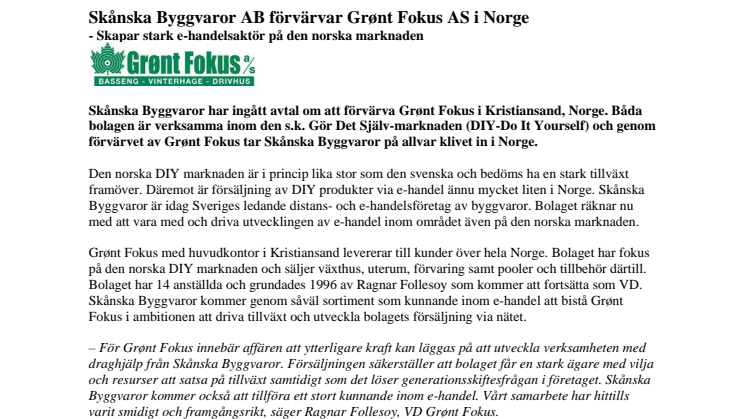 Skånska Byggvaror AB förvärvar Grønt Fokus AS i Norge