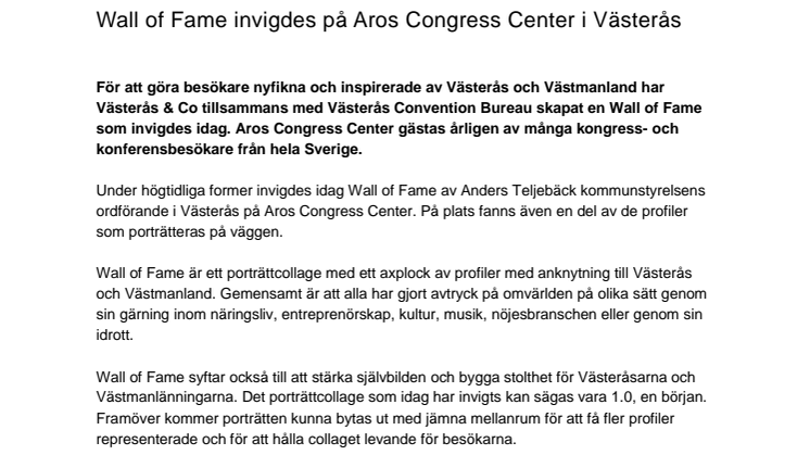 Wall of Fame invigdes på Aros Congress Center i Västerås