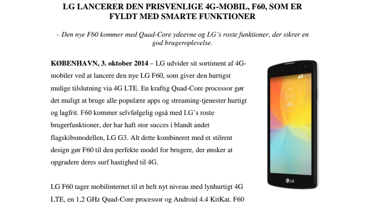 LG LANCERER DEN PRISVENLIGE 4G-MOBIL, F60, SOM ER FYLDT MED SMARTE FUNKTIONER