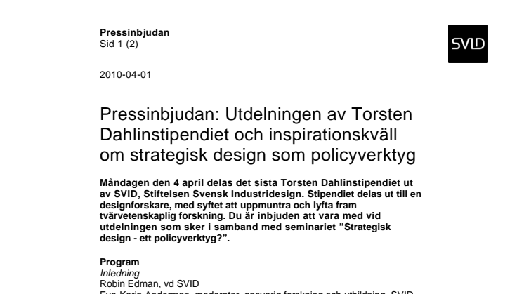 Pressinbjudan: Utdelningen av Torsten Dahlinstipendiet och inspirationskväll om strategisk design som policyverktyg