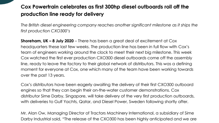 Cox Powertrain celebrates as first 300hp diesel outboards roll off the production line ready for delivery