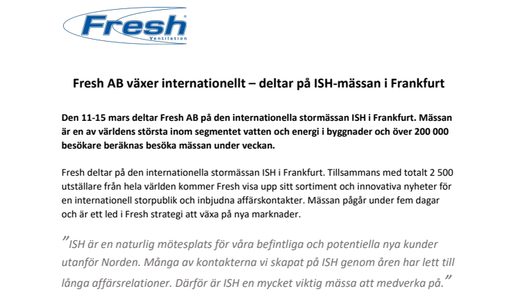 Fresh AB växer internationellt – deltar på ISH-mässan i Frankfurt