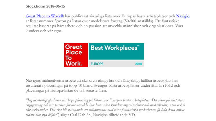 Navigio på topp bland Europas bästa arbetsplatser