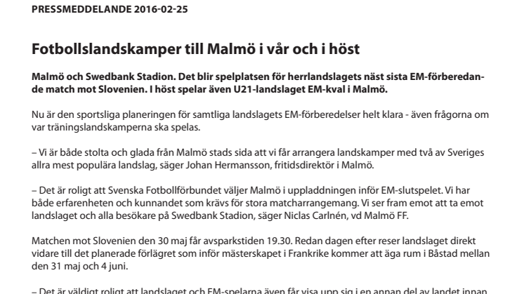 Fotbollslandskamper till Malmö i vår och i höst