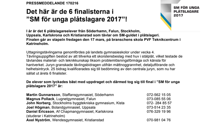 Det här är de 6 finalisterna i ”SM för unga plåtslagare 2017”!