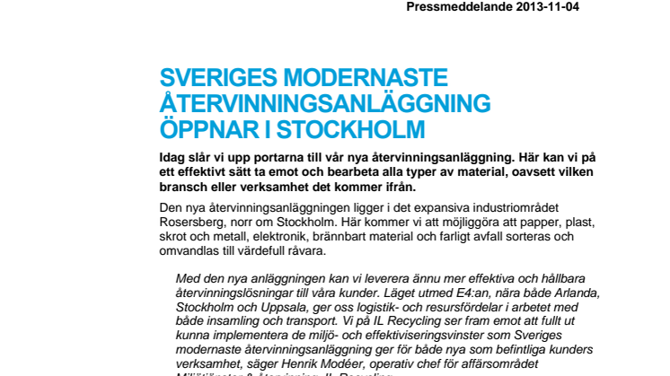 Sveriges modernaste återvinningsanläggning öppnar i stockholm