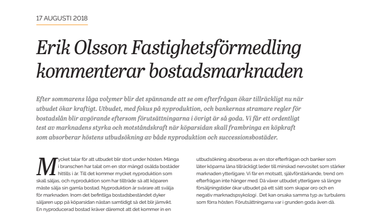 Erik Olsson Fastighetsförmedling kommenterar bostadsmarknaden 17 augusti 2018