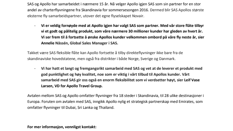SAS og Apollo inngår ny avtale verdt 900 millioner kroner 