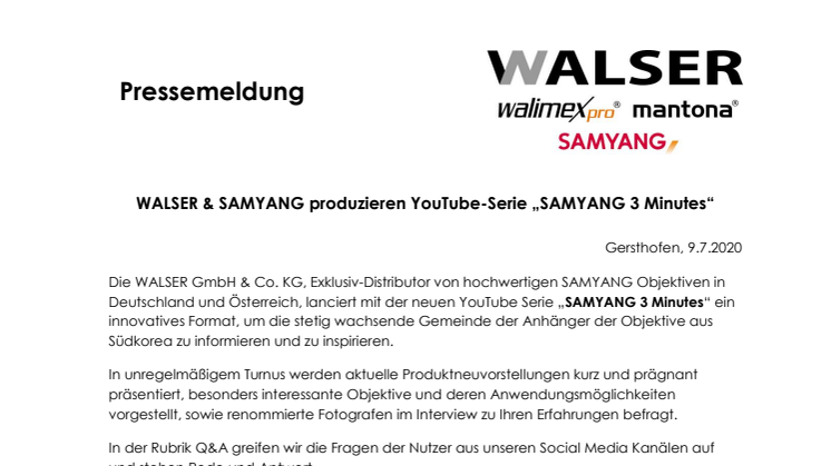 WALSER & SAMYANG produzieren YouTube-Serie „SAMYANG 3 Minutes“